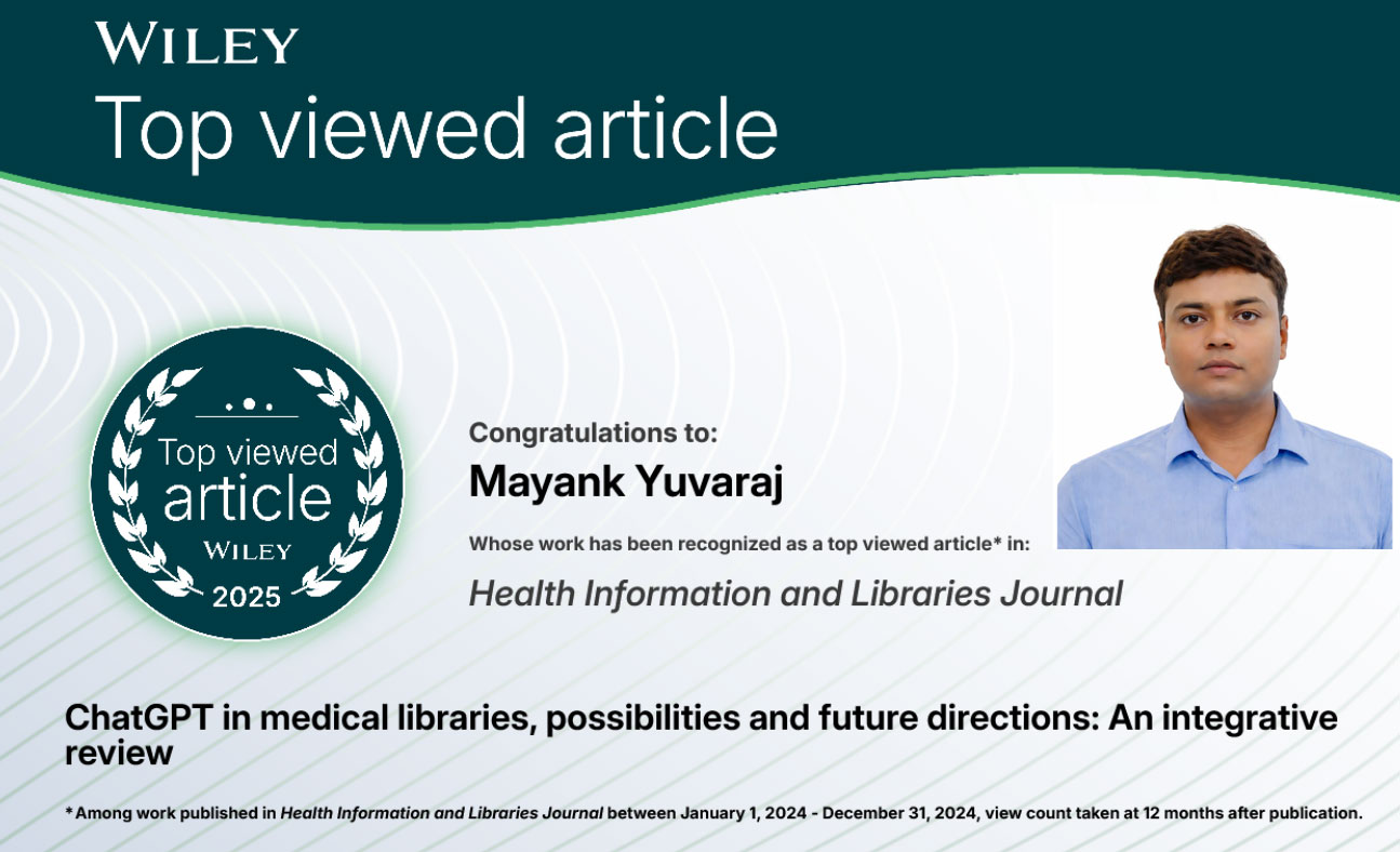 Research article of Dr. Mayank Yuvaraj adjudged among the Top 10% Most-Viewed Papers by WILEY Publication