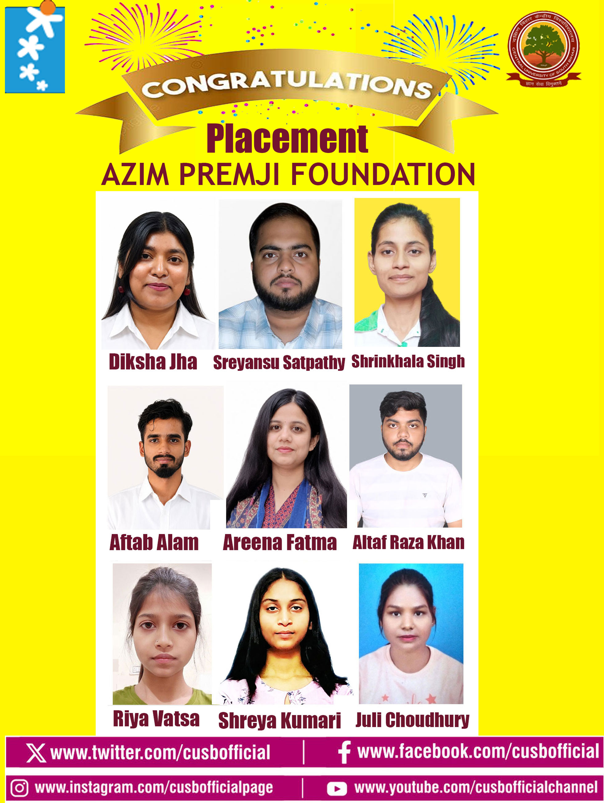 CAMPUS Placement : 19 CUSB students of got job placements with Azim Premji Foundation
