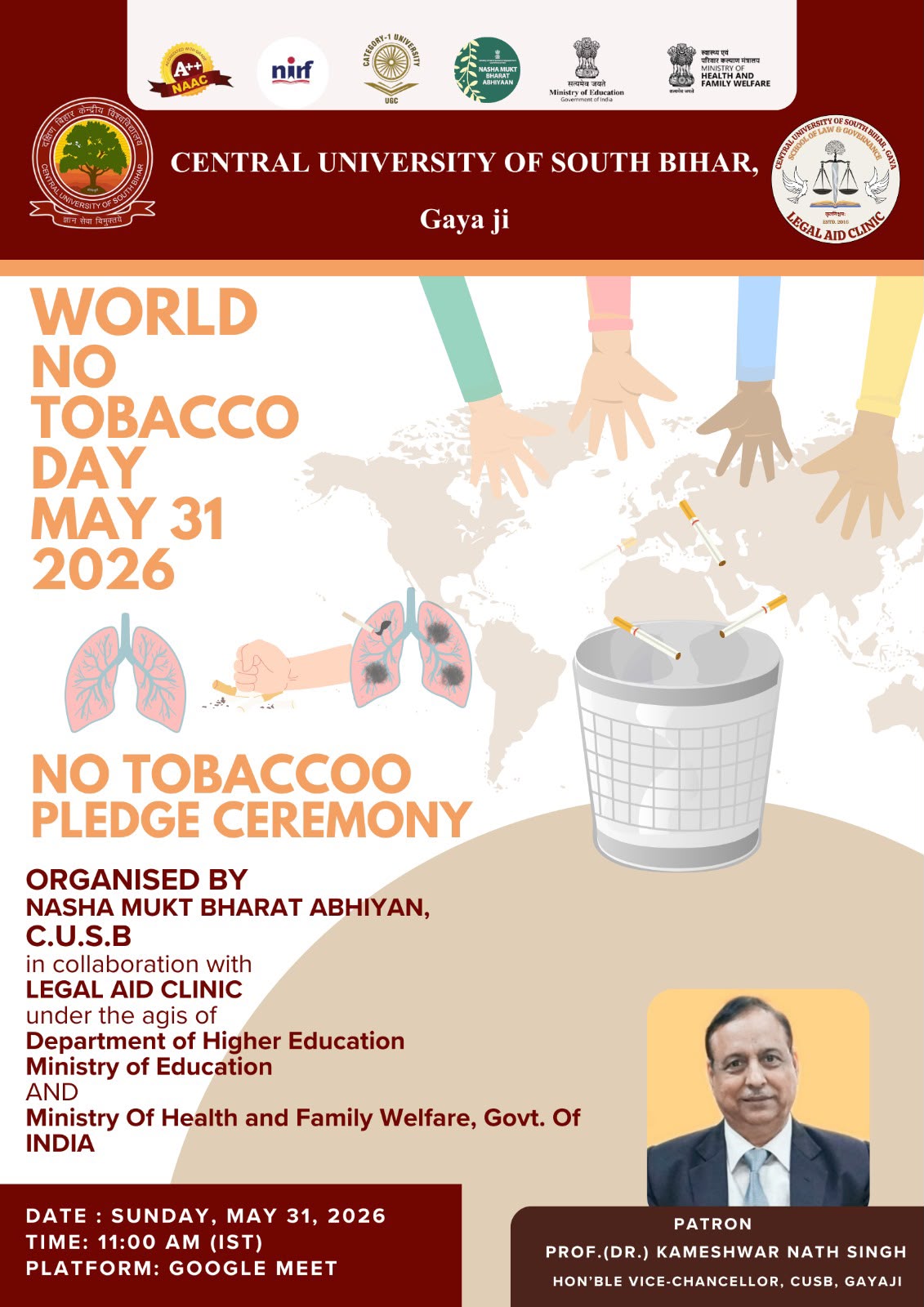 Observation of World No Tobacco Day 2026 and No Tobacco Pledge Ceremony | May 31, 2026 (11:00 AM) - Virtual Mod